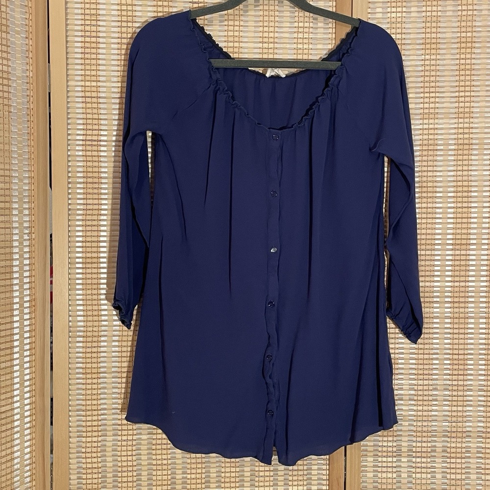 America Vintage Womens M Button Up Blouse Navy Long Sleeves Boho Peasant